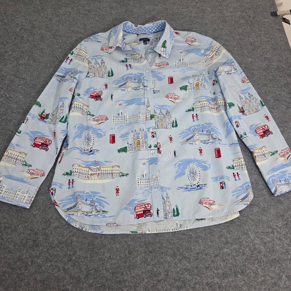 Talbots Womens London Novelty Print Button Down Shirt Blue Cotton Long Sleeve L
